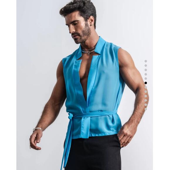 Orttu Star Neck Cardigan Blue Semi Sheer Chiffon Wrap Around Belt Small Kimono - Picture 2 of 16